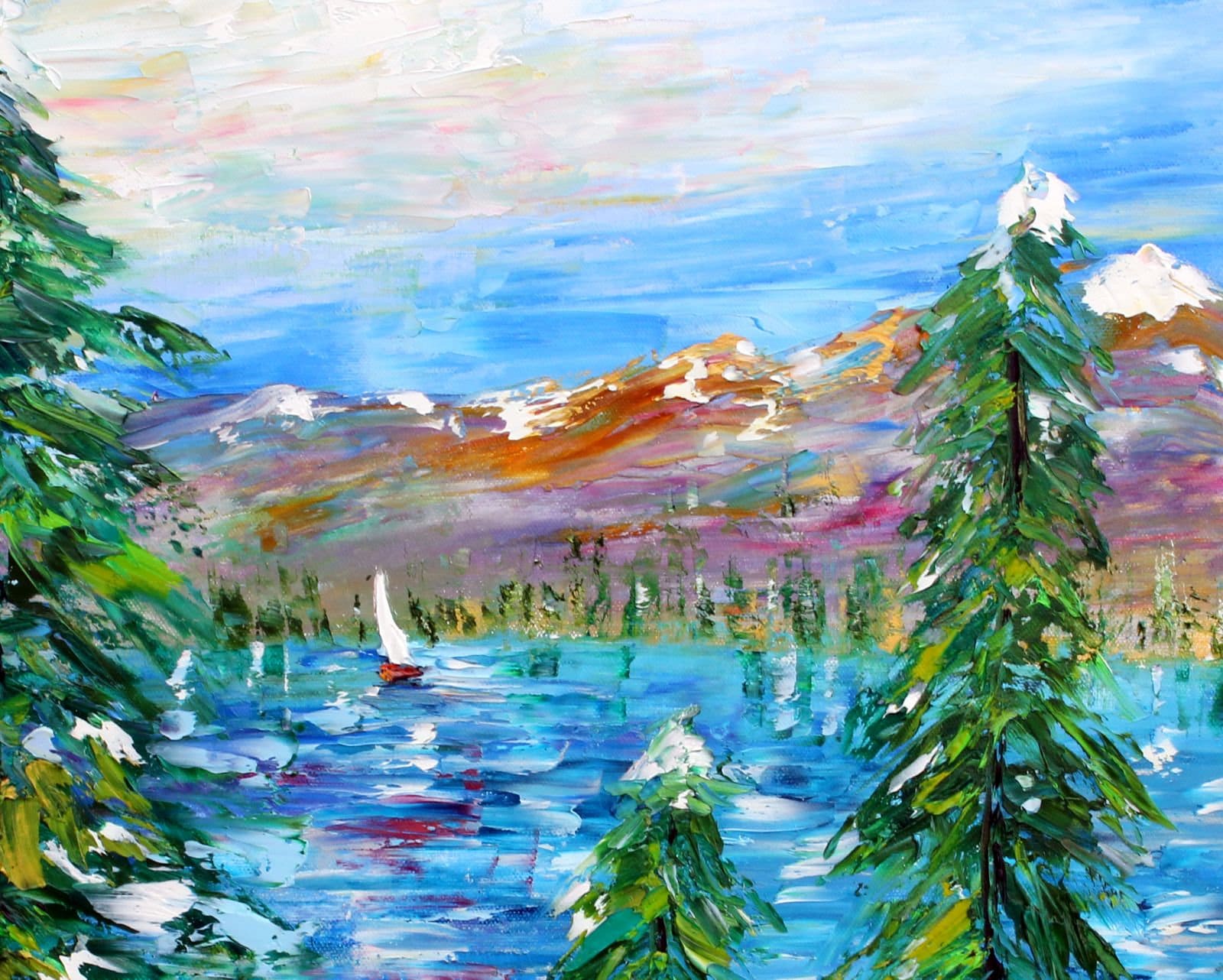 Lake Tahoe painting, original oil landscape, abstract palette knife