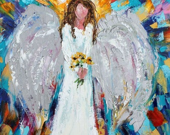 May include: A painting of an angel with white wings and a white dress holding a bouquet of yellow flowers. The background is a colorful abstract design.