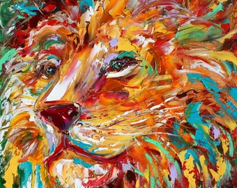 Lion print on canvas, wild cat art, made from image of past painting by Karen Tarlton fine art