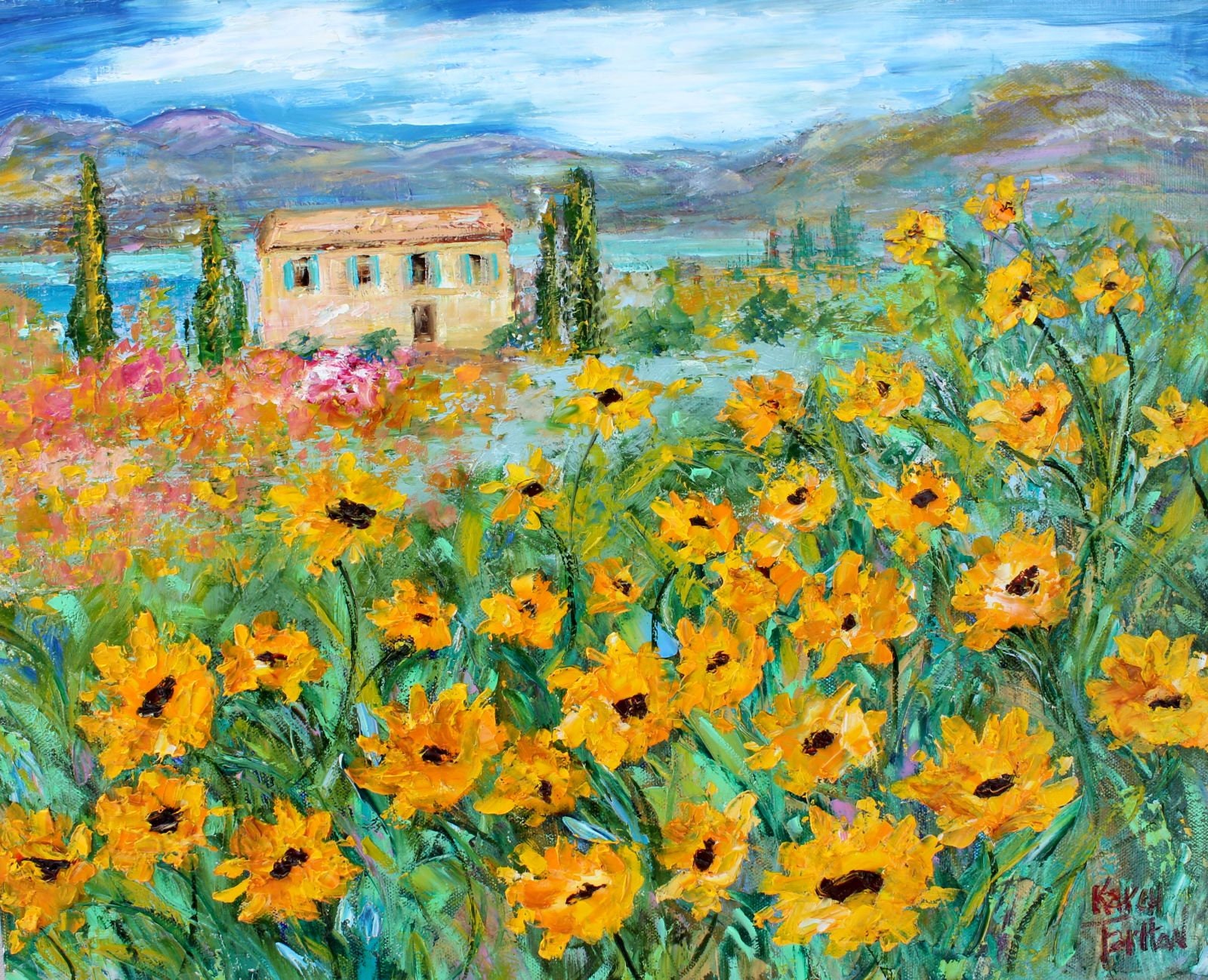 French Countryside Sunflowers painting in oil landscape palette knife