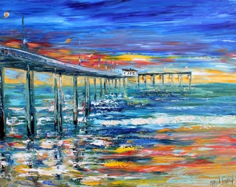 Sunset Pier, beach art, smooth print on canvas, made from image of past painting by Karen Tarlton fine art