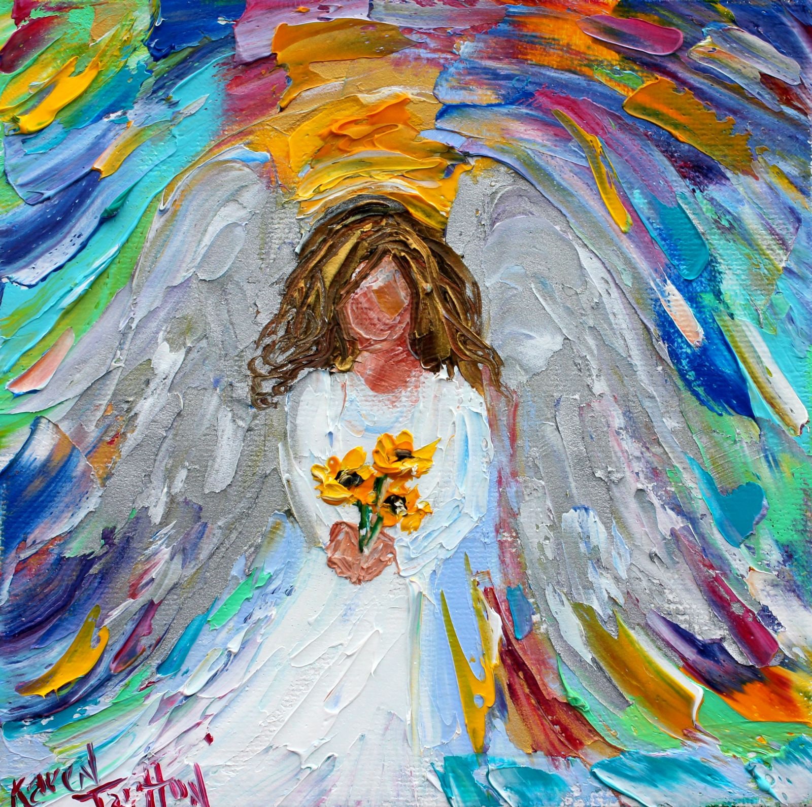 Angel and Sunflowers painting, angel art, original oil palette knife