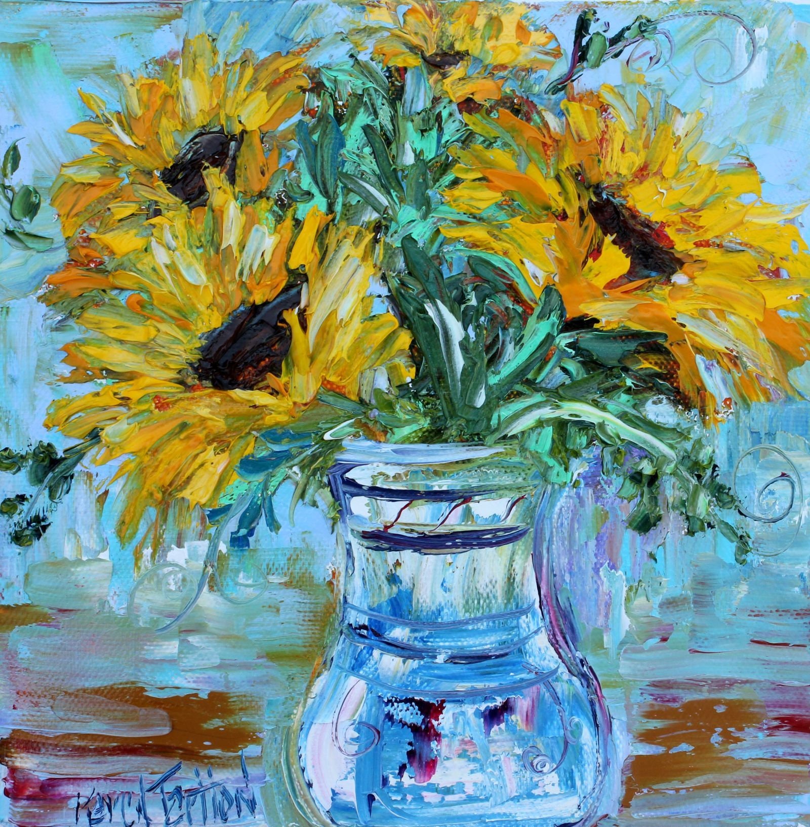 Sunflowers in Vase painting, flower art, original oil impressionism