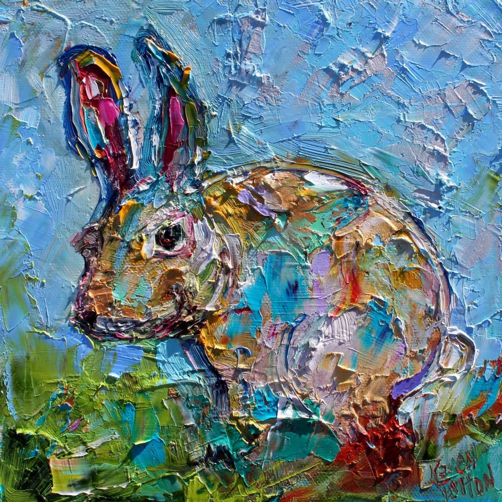 Rabbit painting original oil abstract impressionism fine art impasto on