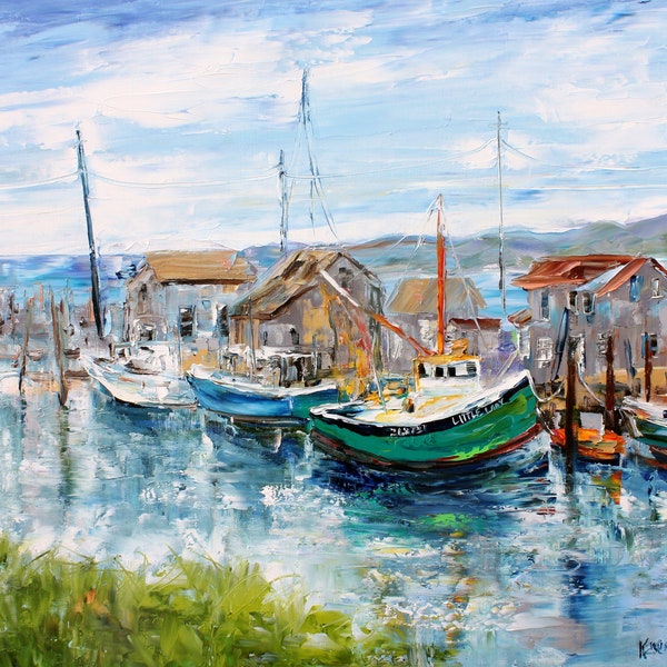 New England Harbor Boat canvas Print: Nautical Art by Karen Tarlton