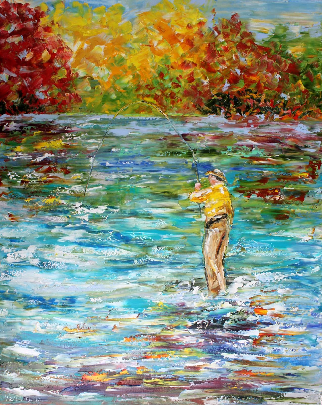 Fly Fishing Print on watercolor paper made from image of past painting by  Karen Tarlton fine art impressionism