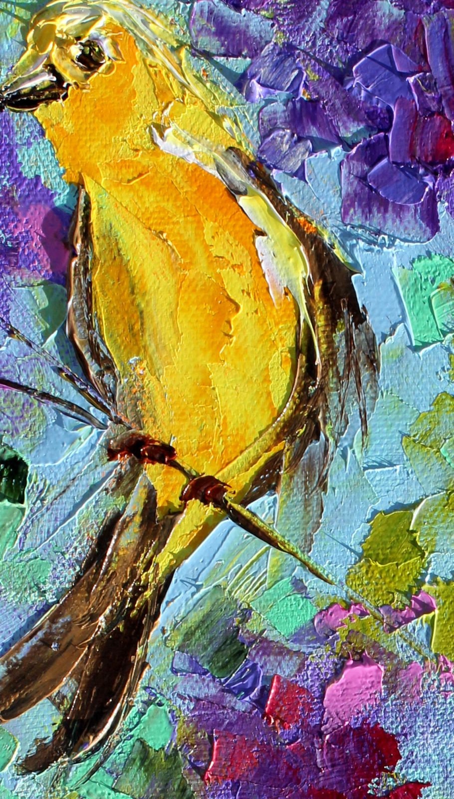 Birds and Blooms painting, bird art, original oil, palette knife