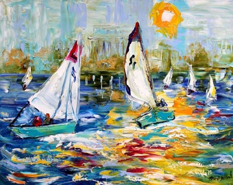 Fine art print sailboat race - made from image of past oil painting by Karen Tarlton - impressionistic palette knife modern art