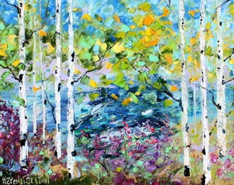 Birch Trees Spring print on watercolor paper made from image of past painting by Karen Tarlton - Fall Glory