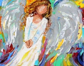 Angel painting, original oil, texture art, palette knife oil fine artist, work by Karen Tarlton