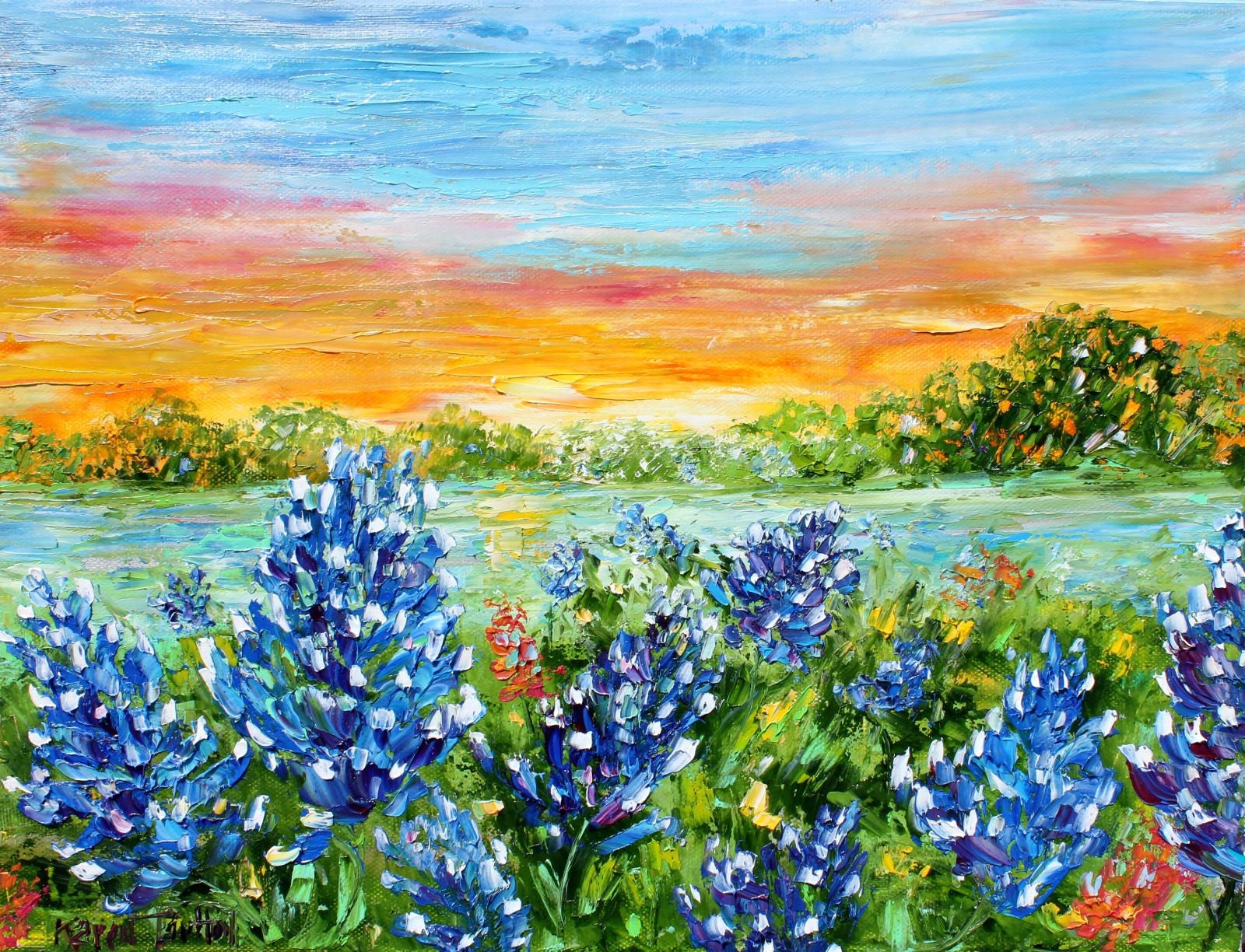 Bluebonnets Landscape Blue Flower Painting Texas Art Original Oil On