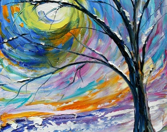 Winter Tree canvas print, First snow, made from image of Original painting by Karen Tarlton - palette knife impressionism