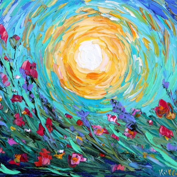 Sunrise Meadow painting, original oil abstract impressionism fine art impasto on canvas by Karen Tarlton