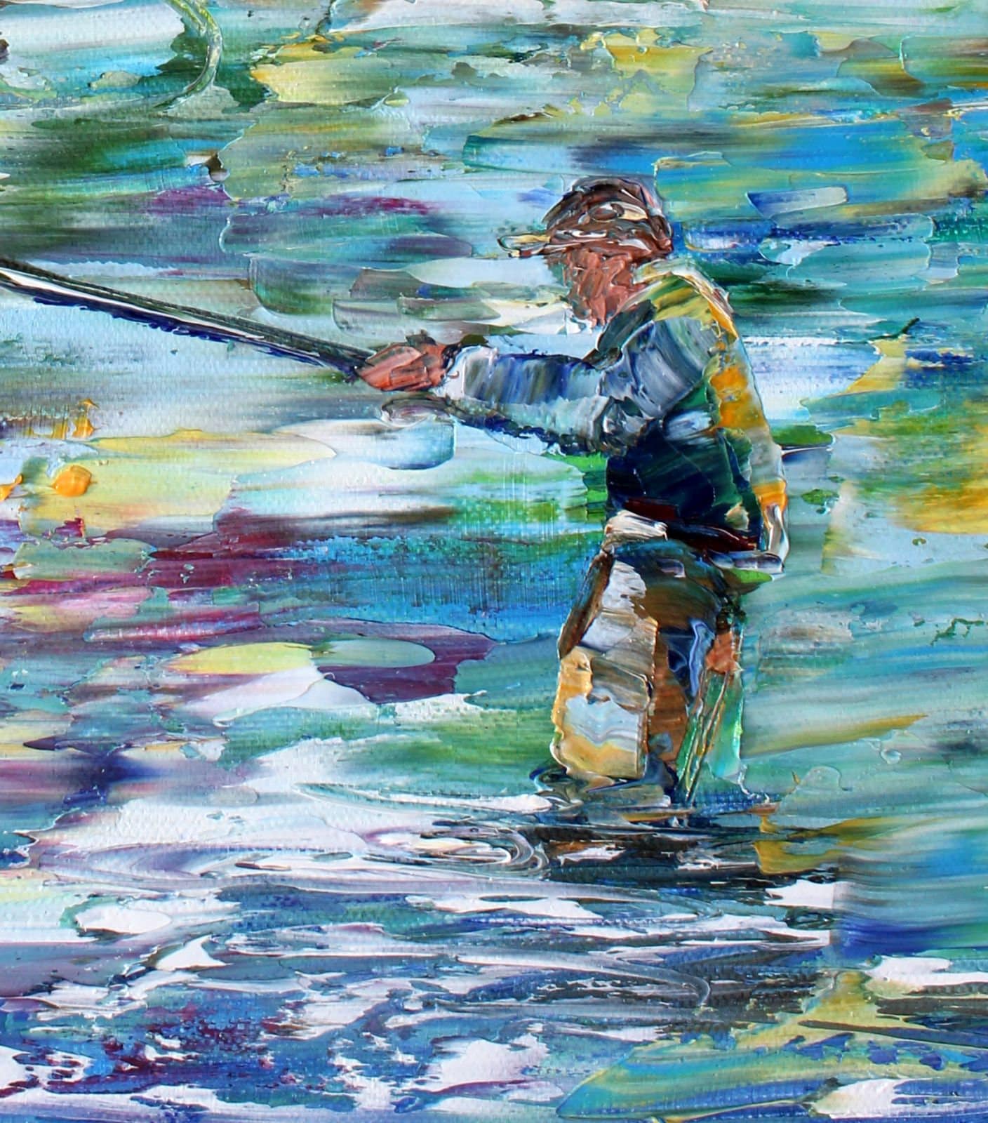 Country Art Fly Fishing Art Man Fishing Landscape Oil Painting