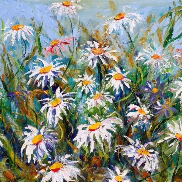 Daisies and Wildflowers print on canvas, flower Landscape, made from image of painting impasto fine art by Karen Tarlton