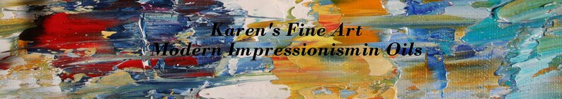 May include: Abstract painting in shades of blue, red, yellow, and green. The text "Karen's Fine Art Modern Impressionism in Oils" is visible in the center of the image.