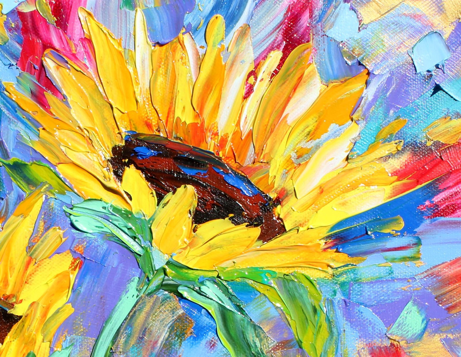 Sunflowers painting, floral art original oil, on canvas palette knife ...