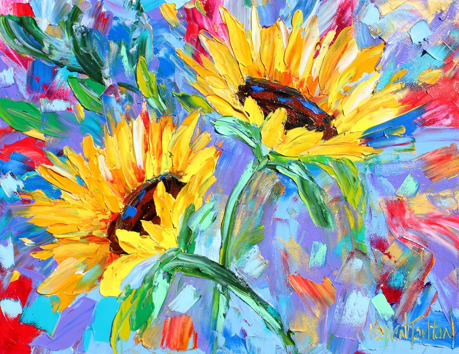 Sunflowers painting, floral art original oil, on canvas palette knife ...