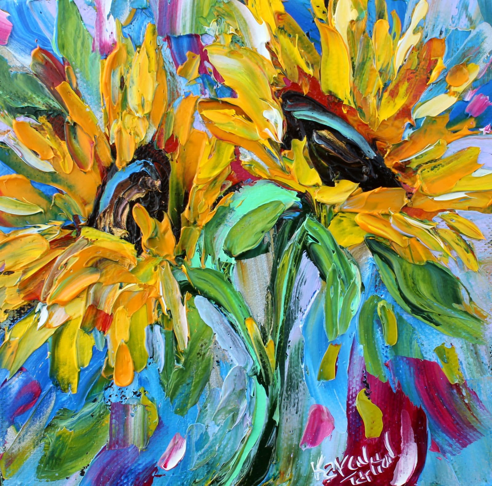 Sunflowers painting, garden art, original oil palette knife ...