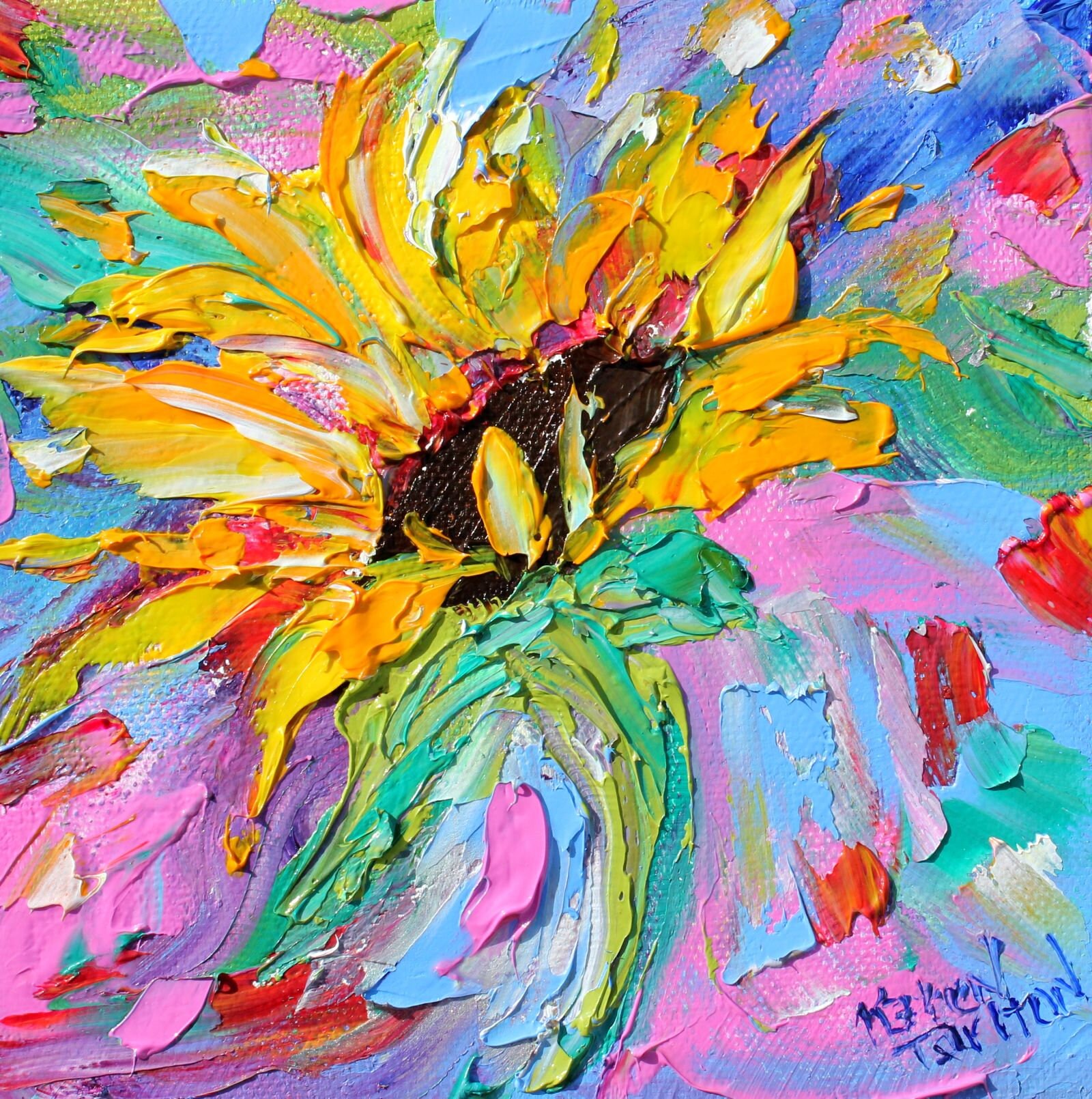 Sunflower painting original oil palette knife impressionism on canvas ...