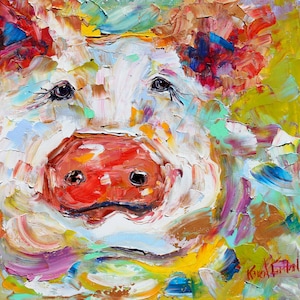 Fine Art Print on watercolor paper, cow fauvism, made from image of past  painting by Karen Tarlton - modern impressionism palette knife