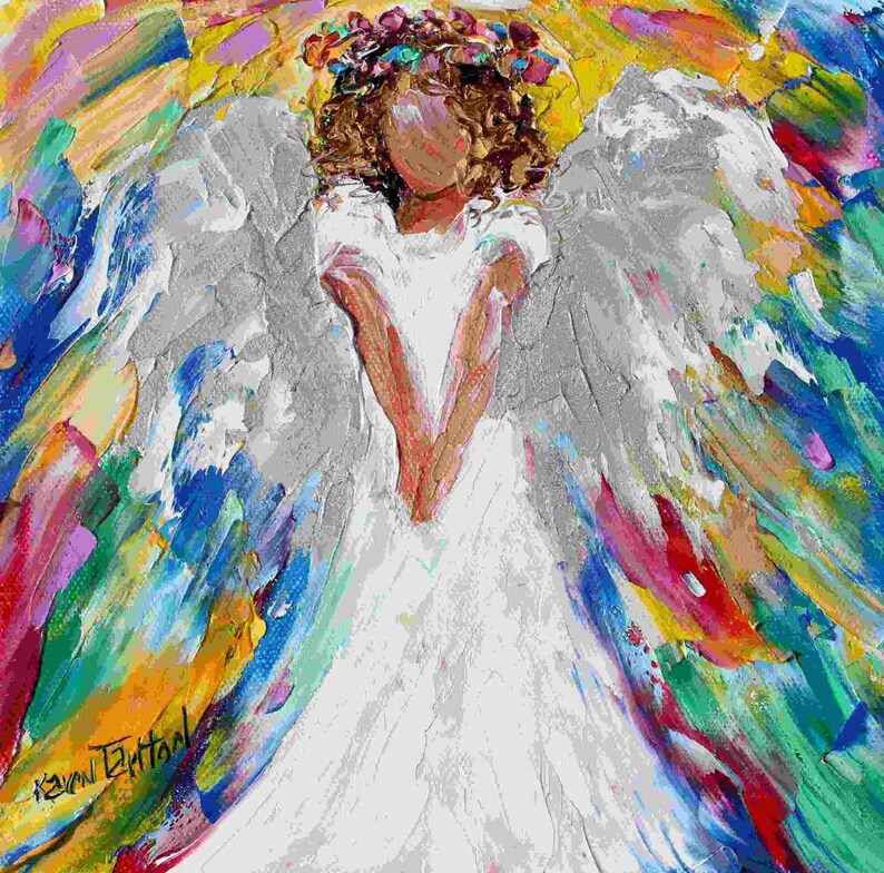 May include: Abstract painting of an angel with silver wings and a white dress. The angel has a flower crown and is surrounded by colorful brushstrokes.