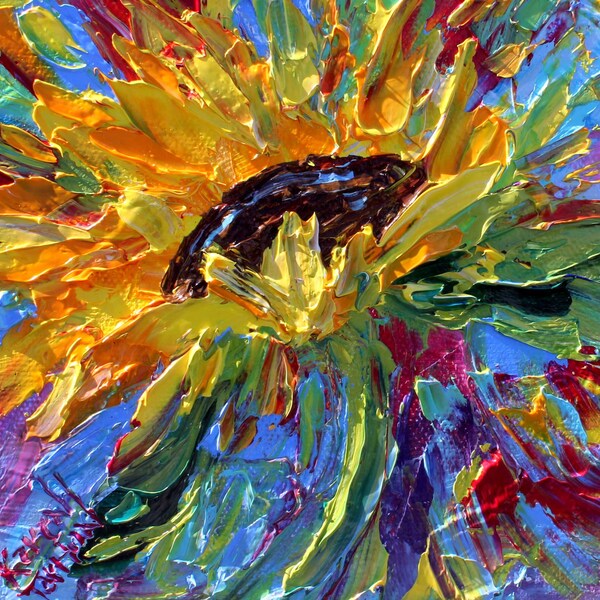 Sunflower painting, original oil, flower with texture art, palette knife oil fine artist, work by Karen Tarlton