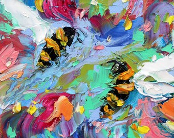 Bee painting, original oil, honeybee art, palette knife oil fine artist, work by Karen Tarlton