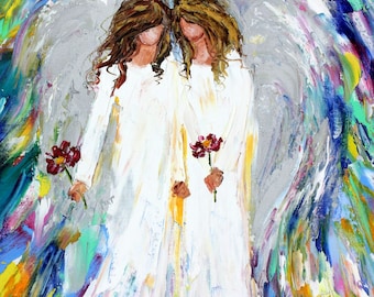 Angel friends painting, original oil, on canvas palette knife, impressionism fine art by Karen Tarlton