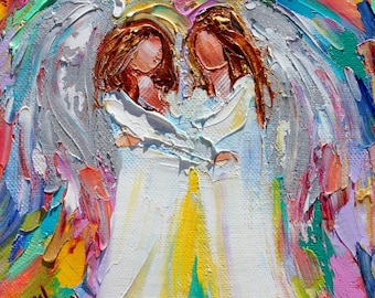 Angels print, angel art, Angel Hugs canvas print, made from image of Original painting by Karen Tarlton