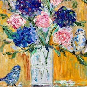 Flowers and bird print on watercolor paper, made from image of past painting by Karen Tarlton - impressionistic fine art