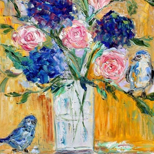 Flowers and bird print on watercolor paper, made from image of past painting by Karen Tarlton - impressionistic fine art