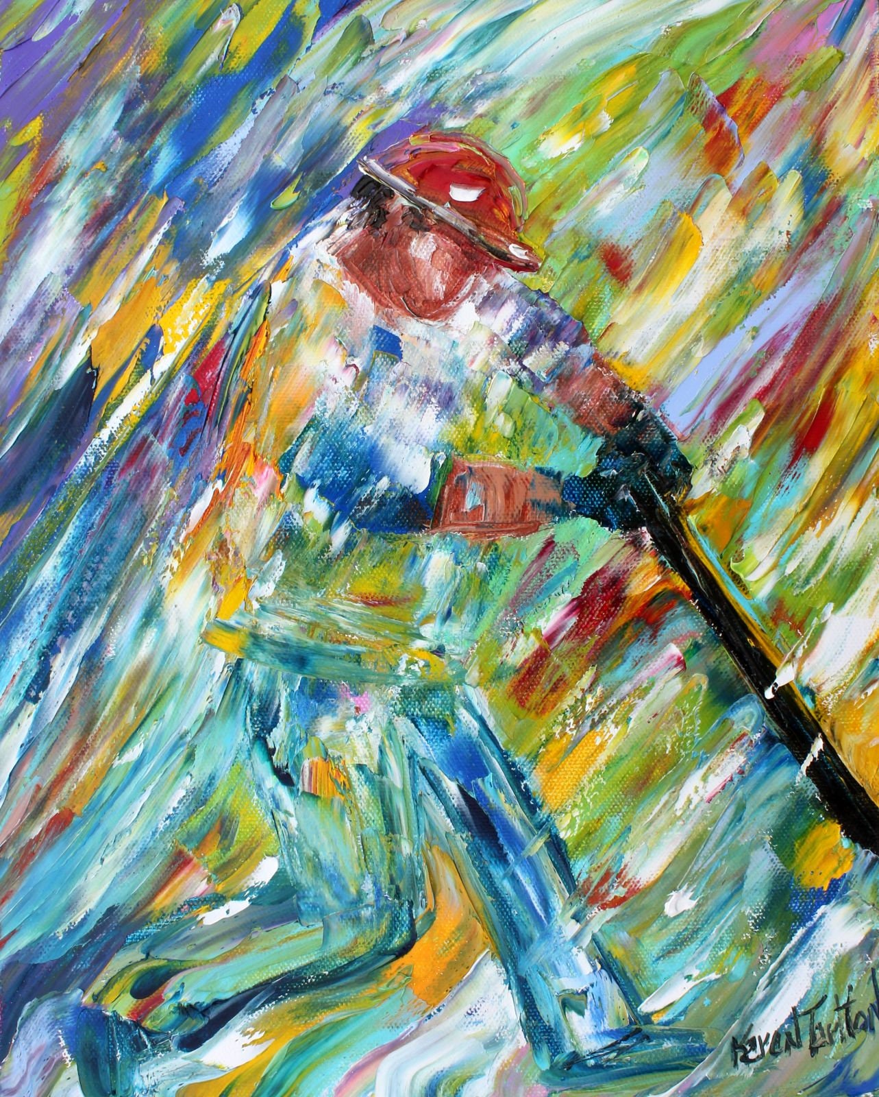 Baseball player painting original oil abstract impressionism fine art