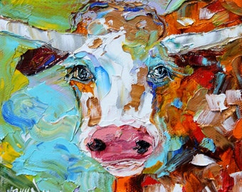 Longhorn print printed on watercolor paper, cow art from image of past painting by Karen Tarlton - impressionistic animals