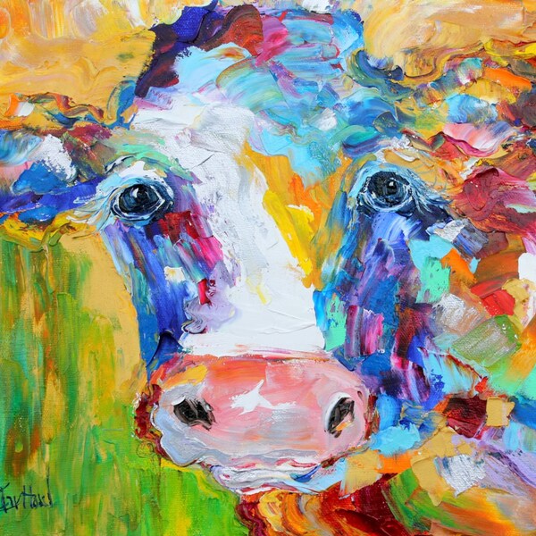 Original oil painting Abstract Cow farm animal impressionism palette knife on canvas fine art by Karen Tarlton