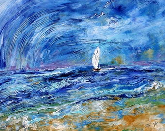 Sea and Sky painting, nautical ocean abstract oil on canvas palette knife abstract impressionism by Karen Tarlton