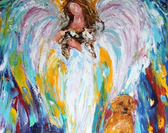 Angel with pets print, Dog  print, cat print, Fine Art Print on watercolor paper - Made from image of oil painting by Karen Tarlton