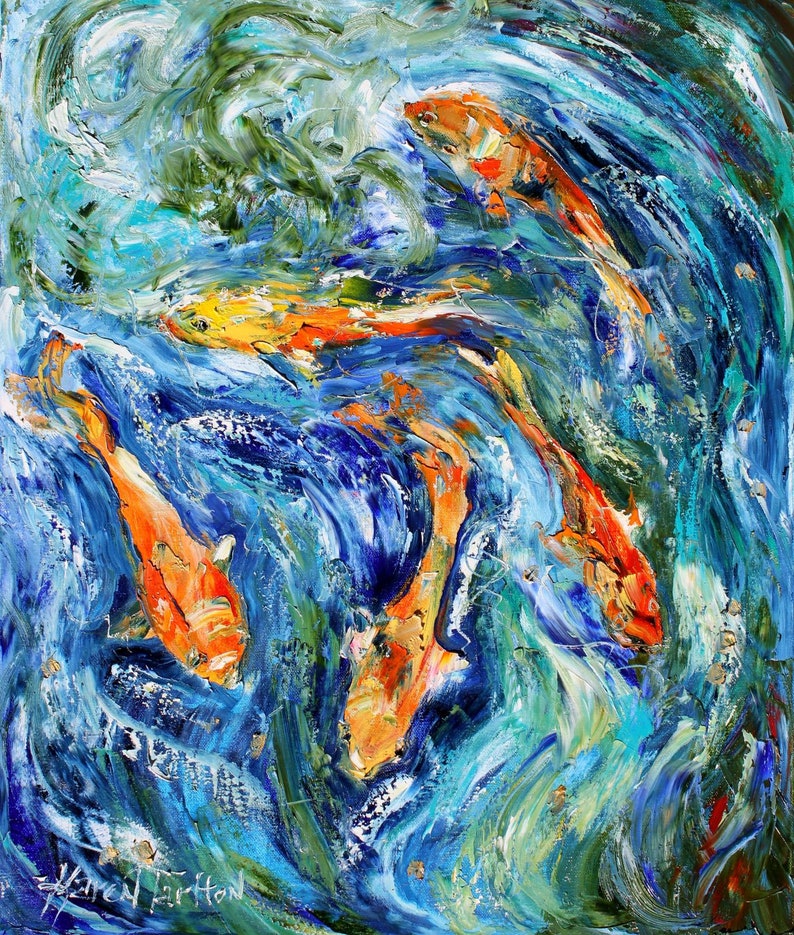 May include: Abstract painting of orange and gold fish swimming in a blue and green water. The fish are painted in a loose, expressive style, and the water is depicted with swirling brushstrokes.
