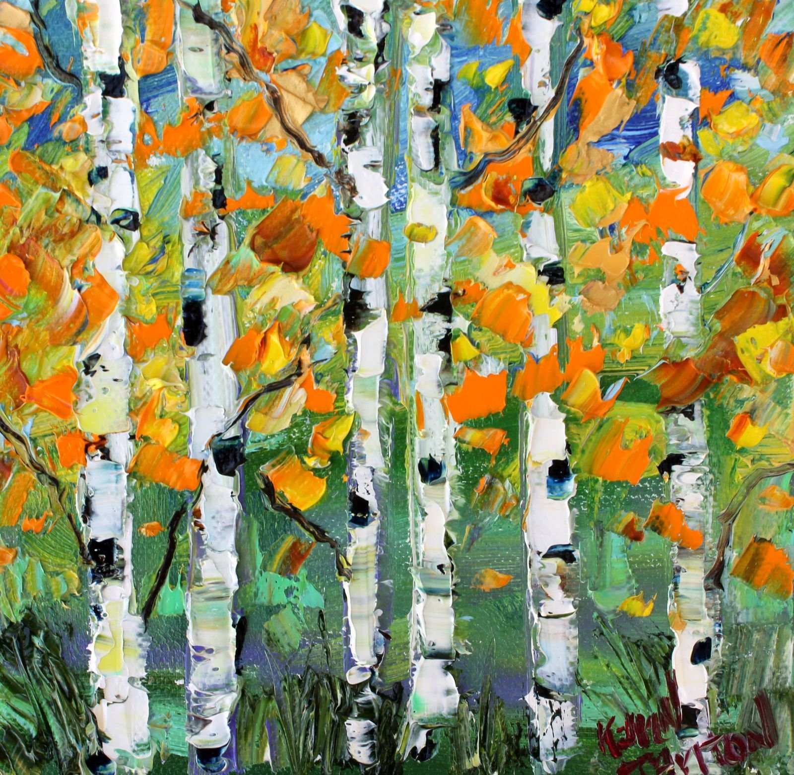 Autumn Birch trees painting, landscape art, birch tree painting