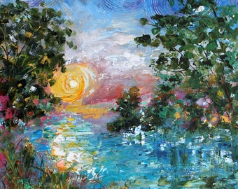 Morning River print on stretched canvas, sunrise landscape, starry sky,  made from image of past painting by Karen Tarlton fine art