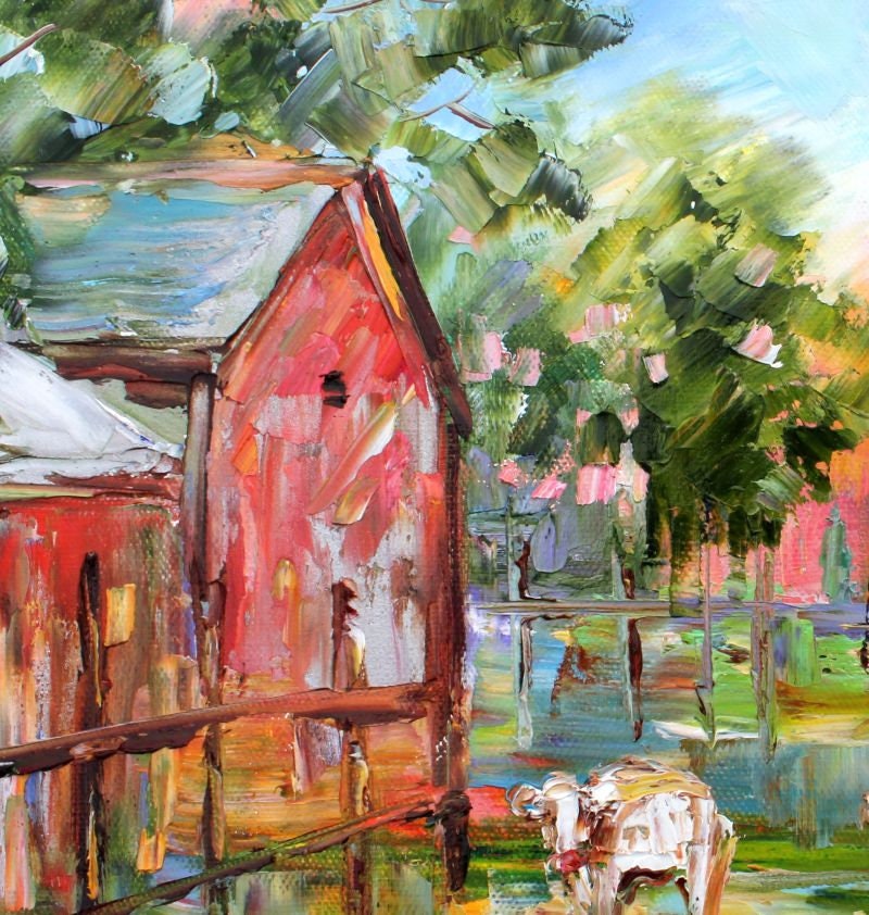 Cows on Farm, Cow painting, original oil, palette knife, abstract