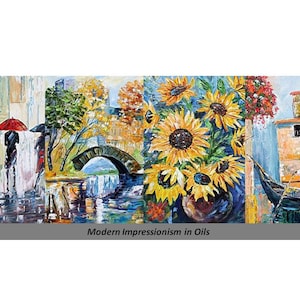 May include: A painting depicting three scenes: a rainy street with people under umbrellas, a bridge over a river with trees and a blue sky, and a gondola in a canal with a building in the background. The painting is done in a modern impressionistic style with bright colors and bold brushstrokes. The text "Modern Impressionism in Oils" is at the bottom of the painting.