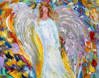 May include: Abstract painting of an angel with white wings and a white dress, standing in a field of colorful flowers. The angel is holding a bouquet of red flowers. The background is a vibrant mix of blue, yellow, green, and purple.