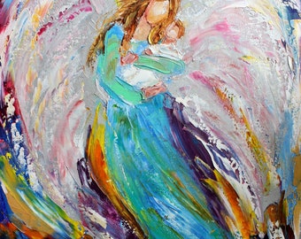 Angel and baby print, angel with infant, angel and child, angels print on canvas, made from image of past oil painting by Karen Tarlton