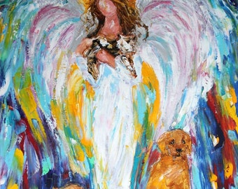 Angel and pets Print, angel art, angel print on canvas, made from image of past Original painting by Karen Tarlton fine art impressionism