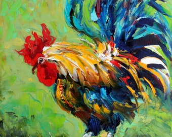 May include: A colorful painting of a rooster with a bright red comb and wattles. The rooster's feathers are a mix of blue, green, yellow, and white. The background is a green and yellow abstract design.