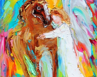 Angel and horse canvas print, angel art, angel Blessings, religious art, made from image of Original painting by Karen Tarlton