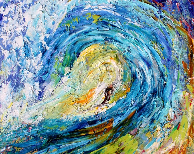 Featured listing image: Surfer painting, Wave, ocean, modern abstract impression, original oil, palette knife, on canvas fine art by Karen Tarlton