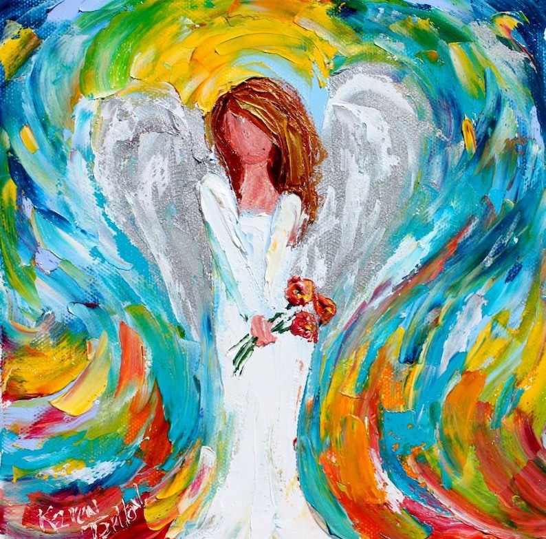 May include: A painting of an angel with white wings and a white dress, holding a bouquet of red flowers. The background is a colorful abstract design with shades of blue, yellow, green, and orange.
