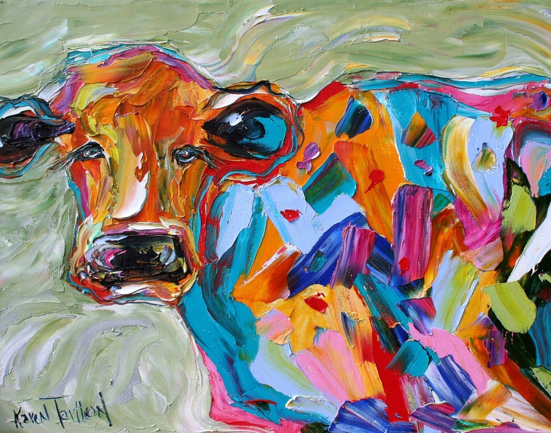 Abstract Cow print on watercolor paper made from image of past painting by Karen Tarlton impressionistic whimsical art image 1